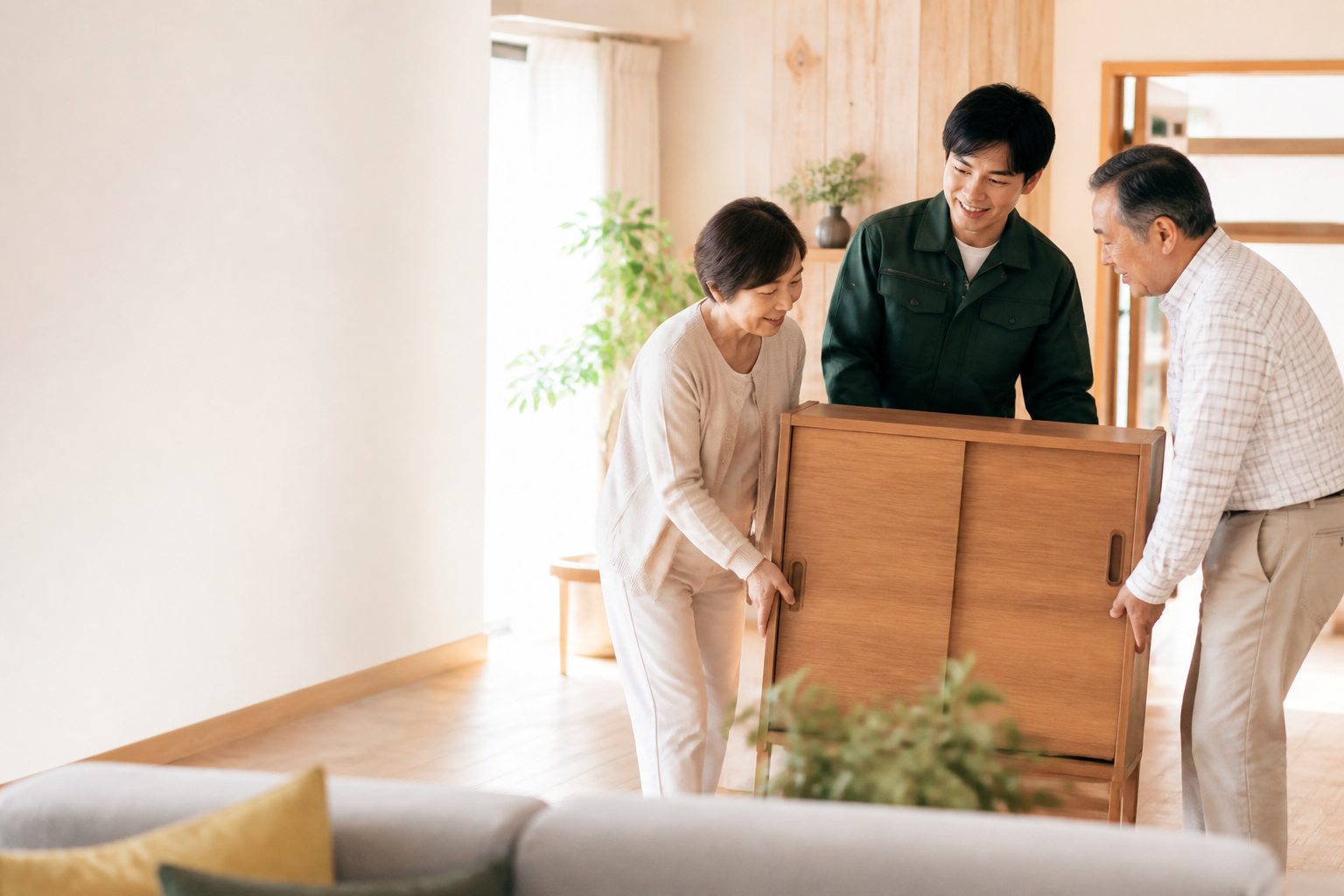 便利屋スタッフがお客様の家具移動をお手伝いしている様子